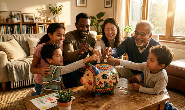 Diverse multi-generational family putting money into a large colorful piggy bank.