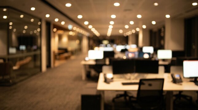 Abstract blurred corporate meeting room interior with table and chairs, cinematic bokeh ceiling lights reflecting on glass walls, empty modern office boardroom background, soft focus business workspac