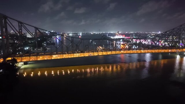 Aerial Night View of Howrah Bridge Kolkata India