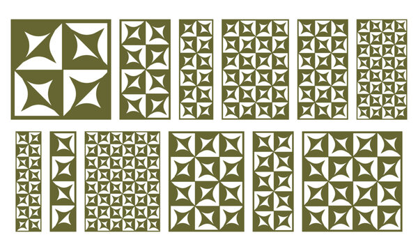 Decorative star flower laser cut panel set. Vector grille templates with geometric ornamental pattern for CNC cutting, wall screens, partitions, wood carving, metal lattice panels and stencil design.