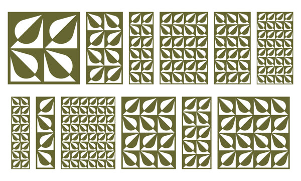 Decorative leaf pattern laser cut panel set. Vector grille templates in different proportions for CNC cutting, wood carving, metal wall screens, partitions and ornamental lattice design.
