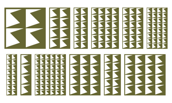 Geometric triangular laser cut panel set. Vector decorative grille templates in different proportions for CNC cutting, wall screens, partitions, wood carving, metal panels and stencil design.