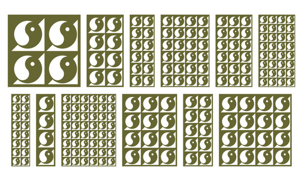 Set of decorative geometric laser cut panels with yin yang pattern. Vector grille templates in different proportions for CNC cutting, wood carving, metal screens, wall panels and stencil design.