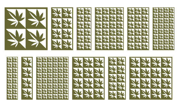 Decorative laser cut panels with cannabis leaf pattern. Vector templates in different proportions for CNC cutting, wall screens, partitions, wood carving, metal grille panels and ornamental design.