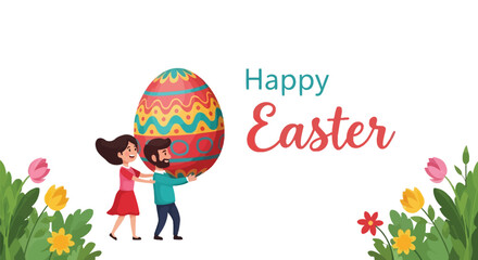 Fototapeta premium Vector illustration of a happy couple carrying a large colorful Easter egg, celebrating the holiday.