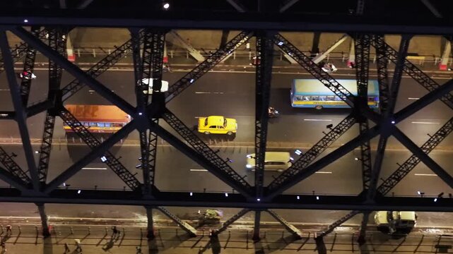 Aerial Night View of Howrah Bridge Kolkata India