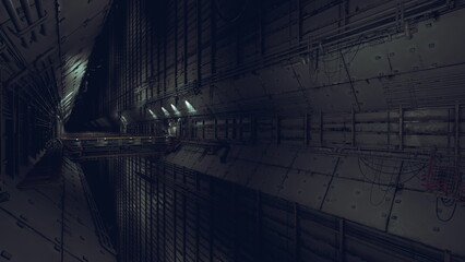 Naklejka premium Drone observes corridor with sensors and reflective lighting, Metallic service tunnel under routine patrol with integrated sensors and surveillance devices