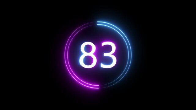 A dynamic circular animation, and glowing count neon number 83 animation . on a black background. and creating a stunning 4k video.