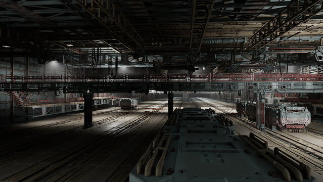 wide angle view of train depot interior with strong depth and repeating carriages, textured floor and overhead structure emphasize scale and geometry, evocative