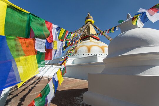 Boudhanath stupa prayer flags Kathmandu buddhism Nepal