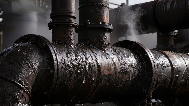 Industrial pipeline with liquid leak and steam. Suitable for safety concepts, industrial risk topics, infrastructure maintenance articles and engineering industry visuals.
