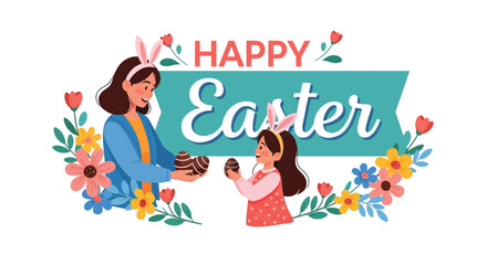 Fototapeta premium Happy Easter vector illustration of a mother giving festive chocolate eggs to her cheerful daughter.