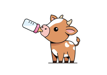 A cartoon calf drinking milk from a bottle in a simple white background illustration © firman