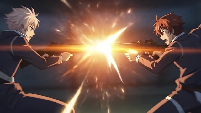 Anime-style action shot of two men firing guns at each other, a bright flash between them