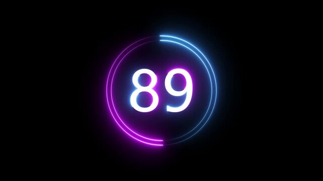 A dynamic circular animation, and glowing count neon number 89 animation . on a black background. and creating a stunning 4k video.