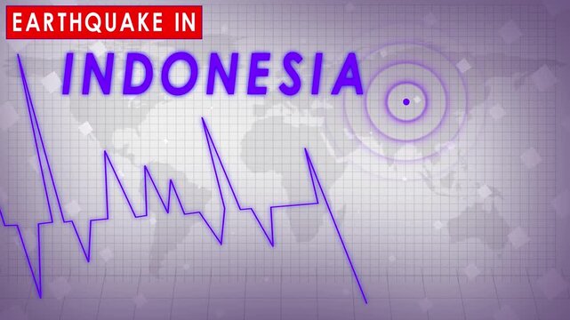 Breaking news motion graphics animation of an earthquake in Indonesia featuring a violet seismic wave chart and a world map background with a pulsing epicenter for disaster coverage, geological 