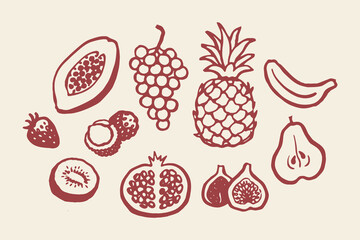 Fototapeta premium Tropical fruit set naive outline sketch vector illustration