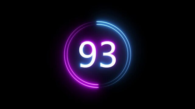 A dynamic circular animation, and glowing count neon number 93 animation . on a black background. and creating a stunning 4k video.