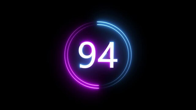 A dynamic circular animation, and glowing count neon number 94 animation . on a black background. and creating a stunning 4k video.