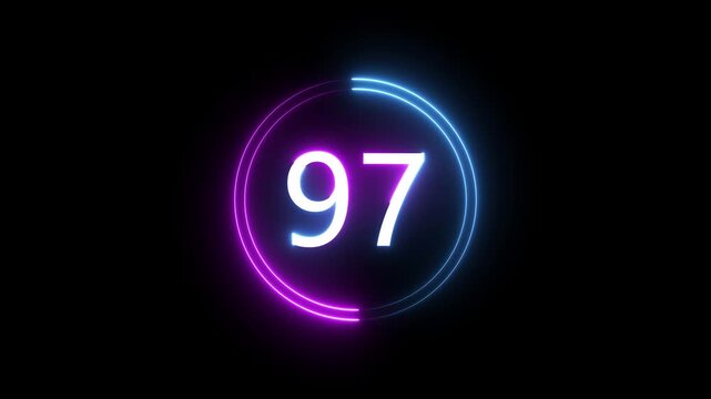 A dynamic circular animation, and glowing count neon number 97 animation . on a black background. and creating a stunning 4k video.