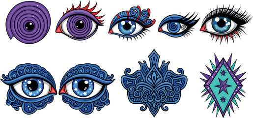 Mystical eye symbols collection boho spiritual vision ornament magic tattoo vector illustration set decorative occult design © Honey!