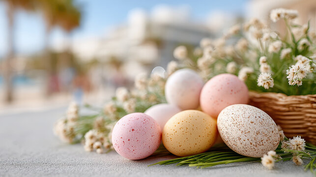 Cluster of pastel easter eggs on grass with spring flowers for outdoor holiday decoration background and seasonal banner design