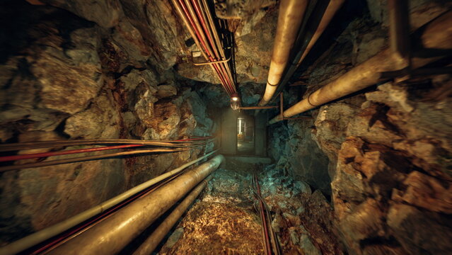 narrow industrial tunnel lined with pipes, corroded fittings and damp rock walls, dripping water and muddy floor, dim emergency light casting long shadows,