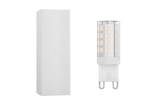 Mockup of an LED bulb with a G9 base. An LED bulb with a G9 base and a clear polycarbonate cap in a white box or packaging. Isolated on a white or transparent background. 3D render.