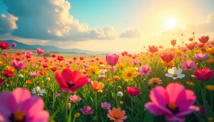 Obraz premium A vibrant field of flowers bursting into bloom, representing the concept of recognition blossoming and flourishing , leaves, progress