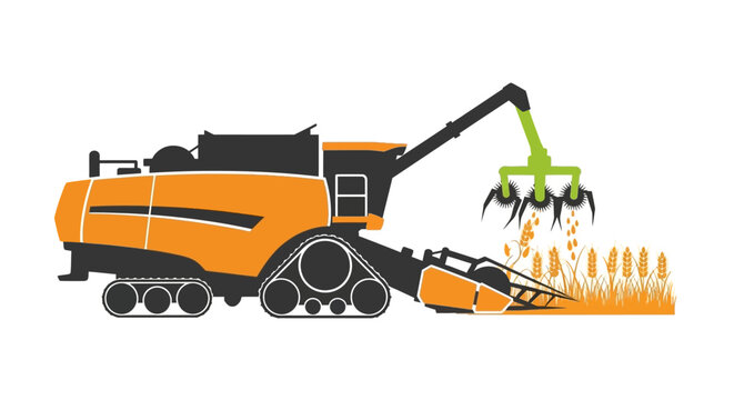 Large orange harvester machine collecting crops.
