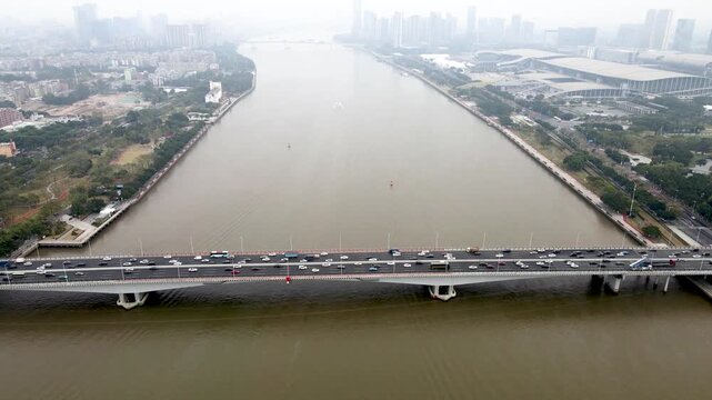 Guangzhou Pearl River Bridge Aerial View with Traffic