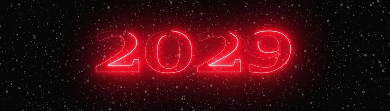 Glowing Red Neon 2029 Year Number with Snowfall Effect on Black Background
