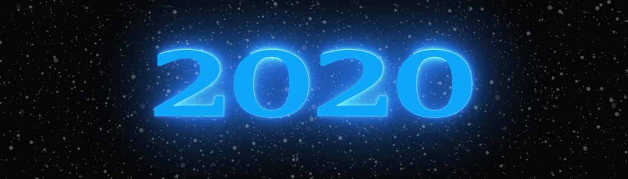 Glowing Blue 2020 Neon Sign with Snowfall Background Winter Celebration