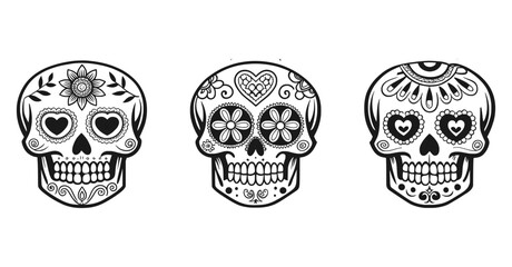Obraz premium Hand Drawn Decorative Sugar Skulls with Floral and Heart Patterns Mexican Folk Art Black and White Illustration