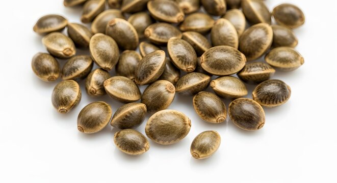 Detailed macro shot of a pile of hemp seeds on a pure white background with vibrant lighting.