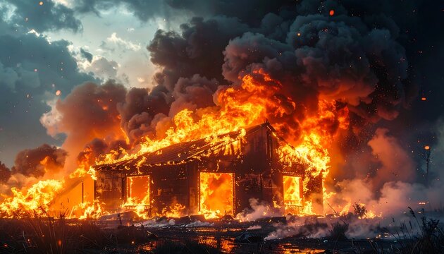 Structure engulfed in raging inferno, dark smoke plumes against a clouded sky