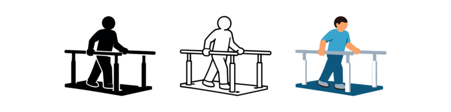 Three icons of a person using parallel bars for rehabilitation: a solid black figure, an outline figure, and a colored figure showing clinic context and support for mobility exercises.