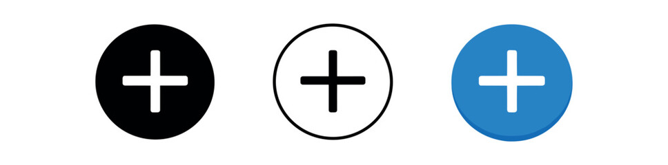 Obraz premium Three circular plus buttons in three styles — solid black, black outline, and blue filled — intended as ui controls or icon set elements.