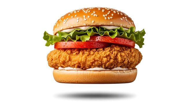 A mouthwatering close-up of a chicken sandwich with fresh toppings and sesame seed bun, isolated