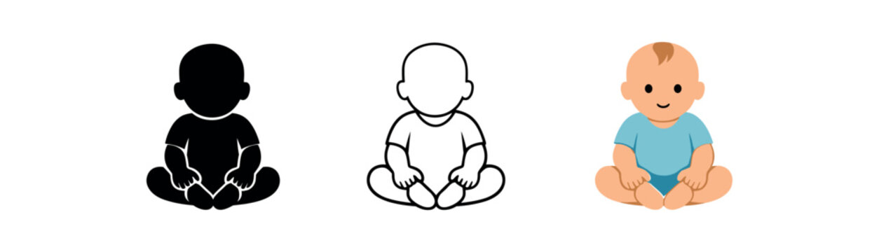 Three simple baby sitting figures shown as a black silhouette, a black outline, and a full-color friendly cartoon &mdash; suitable for childcare, baby product, or parent guide design.