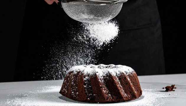 Hands dusting powdered sugar over dark chocolate cake against black background