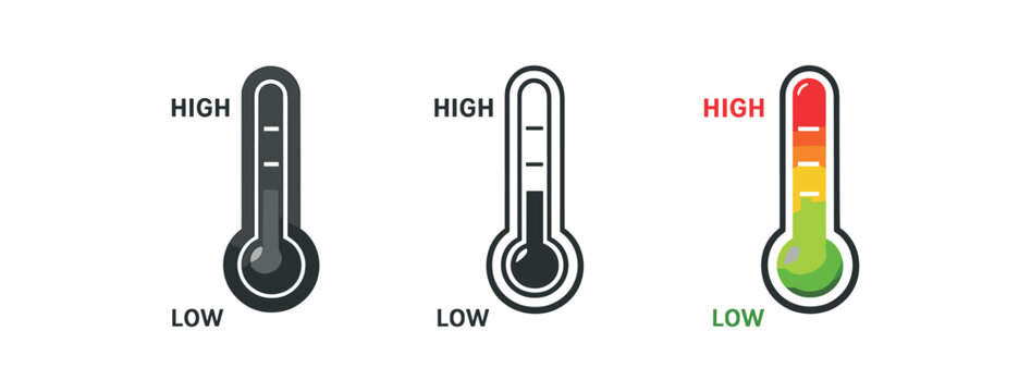 Three flat thermometer icons side by side: a filled dark outline, an empty outline, and a colored gradient thermometer with green at low and red at high, 