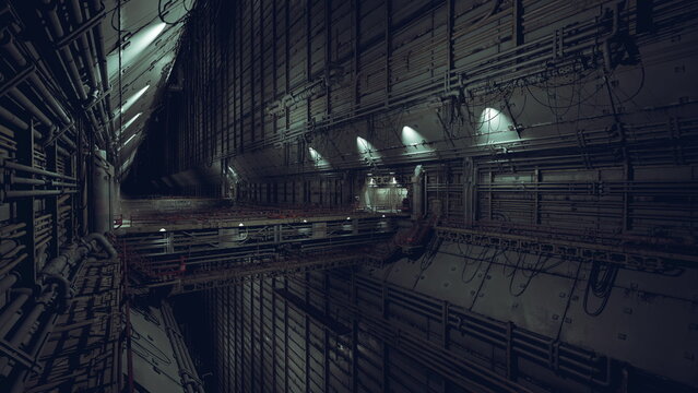 Cavernous gantry interior with service catwalks and trusswork, high angled lights casting stark geometry, heavy steel beams, maintenance platforms and utility