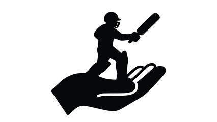 Silhouette of a cricket player batting on a giant hand symbolizing protection and support for the sport and its athletes in a powerful and dramatic visual representation of the game.