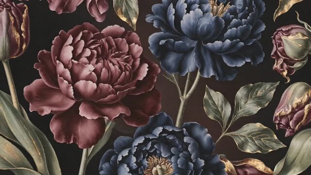 Dark floral pattern with opulent gilded peonies and tulips
