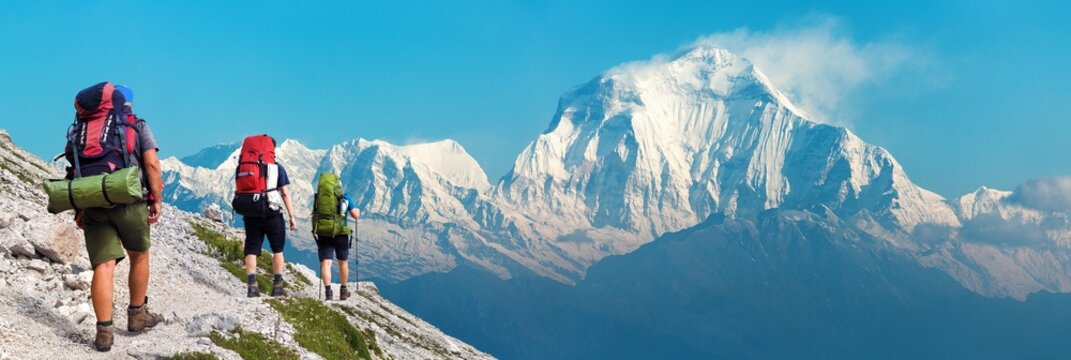 Mount Dhaulagiri three hikers Nepal himalaya mountain