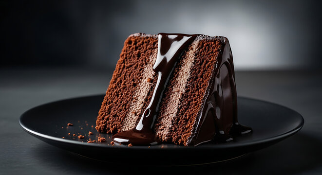 Moist chocolate cake slice with rich chocolate sauce on black plate