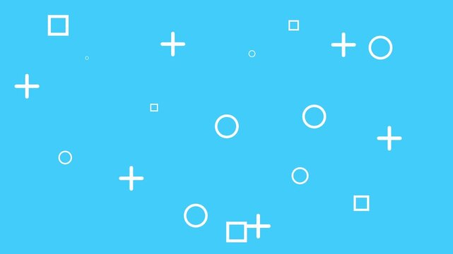 Light blue animated background with scattered white geometric shapes including circles squares and plus signs. Abstract minimal pattern design for modern technology and creative motion graphic .