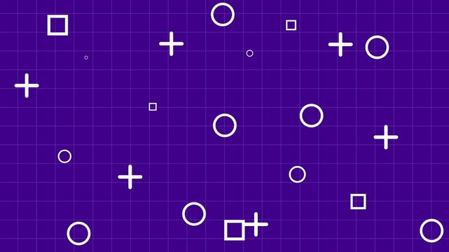 Deep purple grid animated background with scattered white geometric shapes. Circles squares and plus signs floating across digital grid pattern creating modern abstract technology motion .