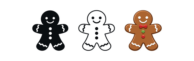 Obraz premium Three cheerful gingerbread man icons shown as solid, outlined, and full-color versions for christmas labels and seasonal art.